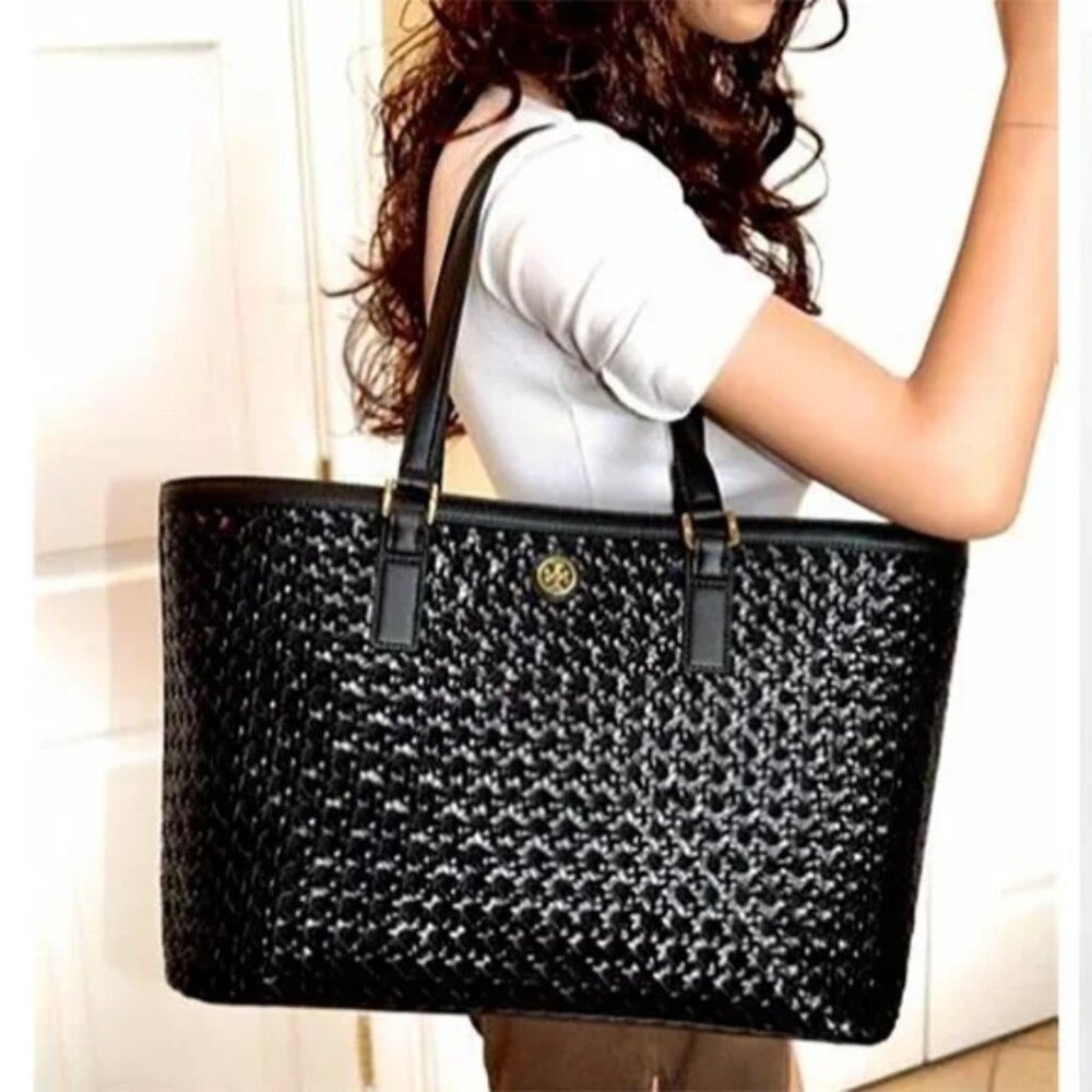 GUC Tory Burch Robinson Weaved Saffiano Leather Tote  Black